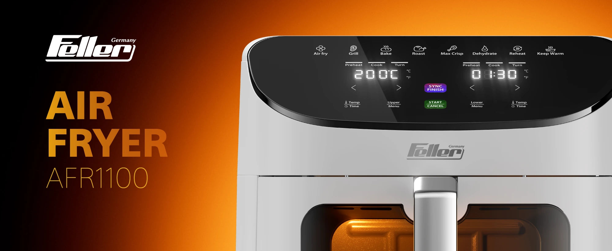 Feller AFR1100 dual-zone air fryer with Sync-Finish and 8 cooking functions
