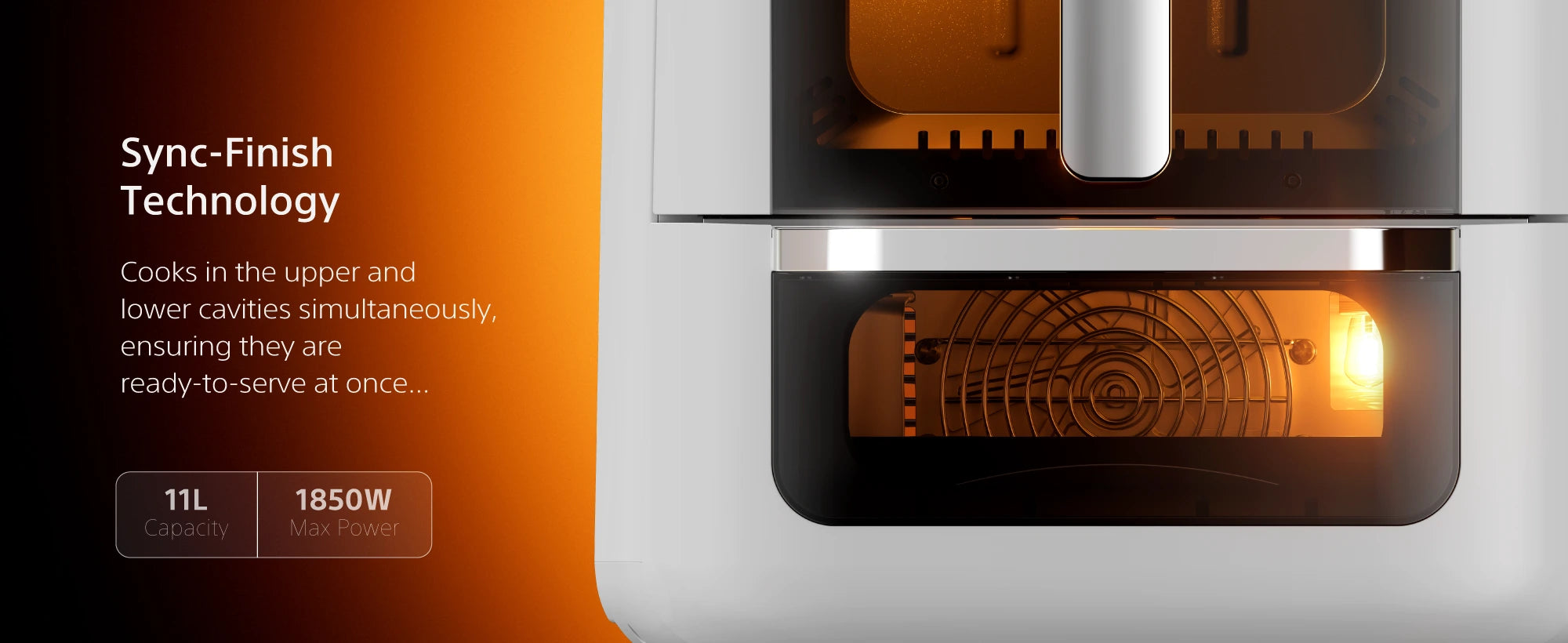 AFR1100 Sync-Finish technology cooks both cavities at once — 11L capacity, 1850W max power