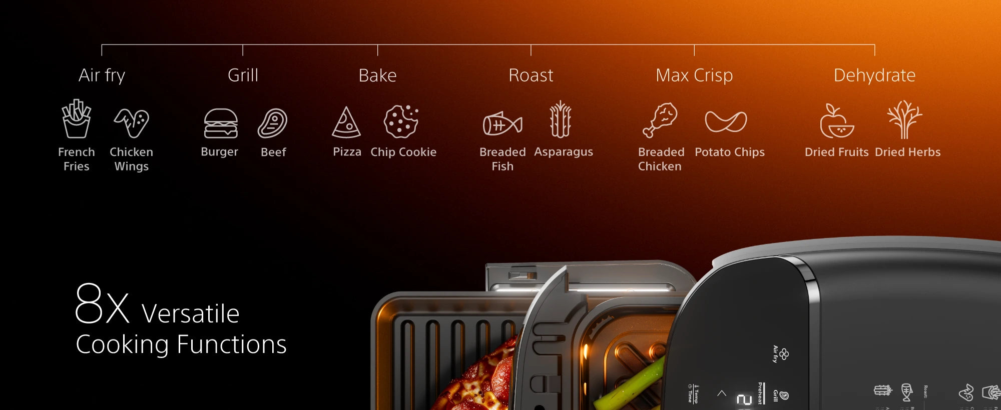 AFR1100 8 versatile cooking functions — air fry, grill, bake, roast, max crisp, dehydrate, reheat, keep warm