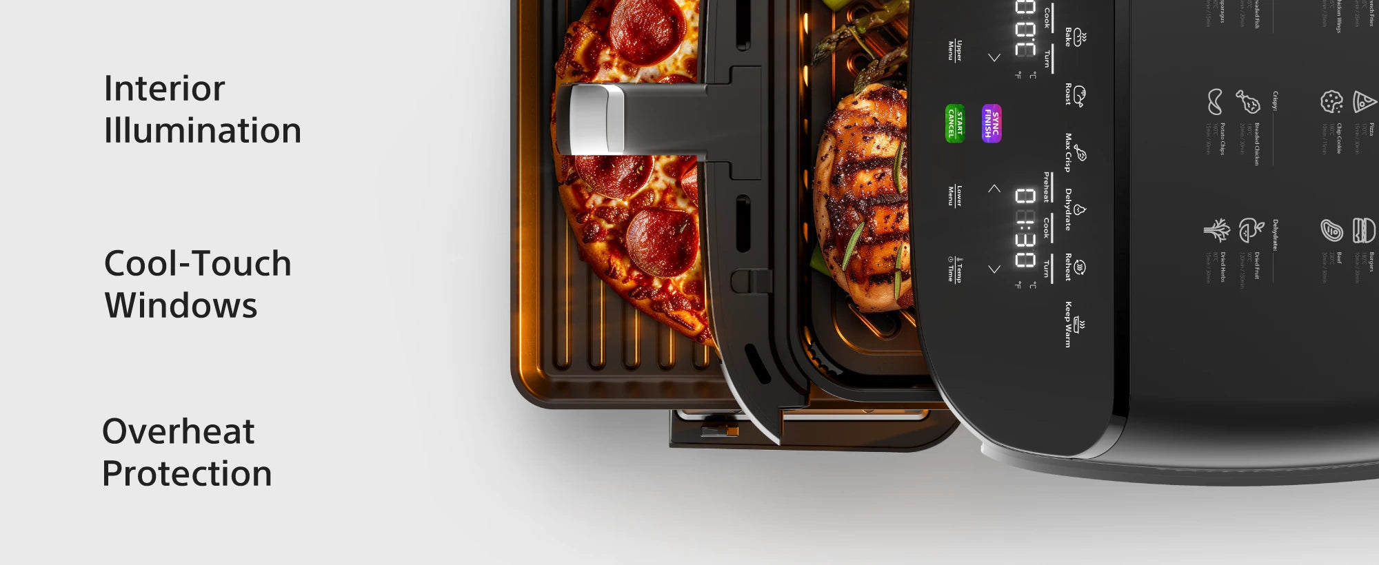 AFR1100 features — interior light, cool-touch window, dedicated pizza stone, grill racks and full accessory set