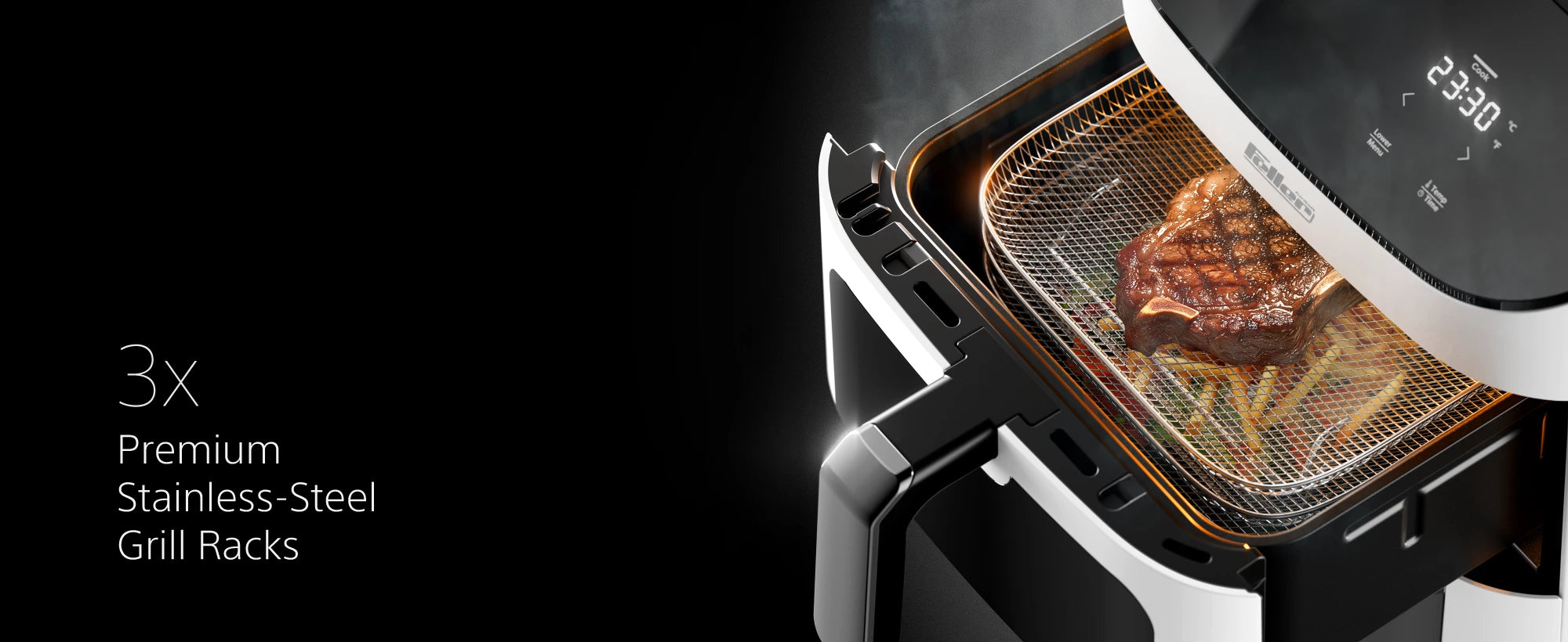 AFR1100 features — interior light, cool-touch window, dedicated pizza stone, grill racks and full accessory set