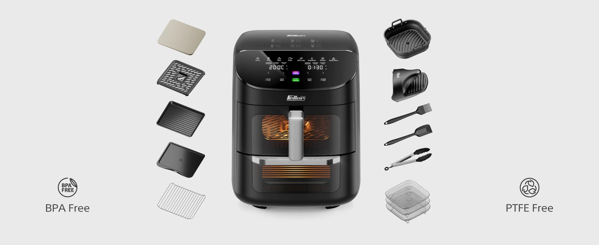 AFR1100 features — interior light, cool-touch window, dedicated pizza stone, grill racks and full accessory set