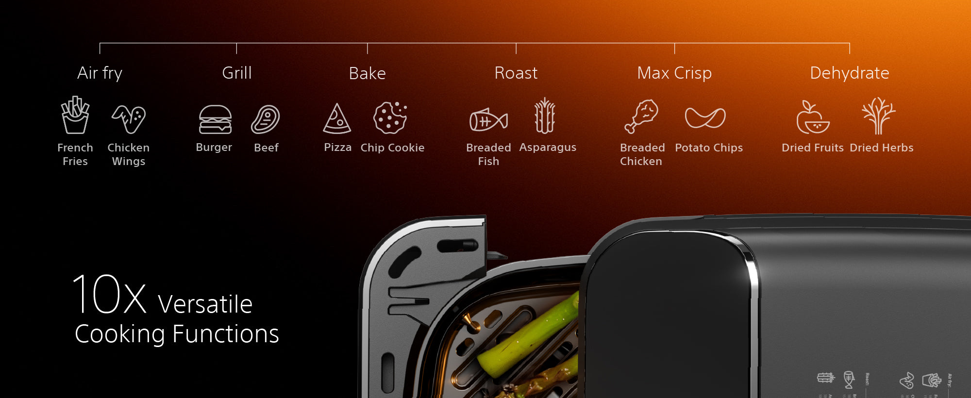 AFR550 10 versatile cooking functions — air fry, grill, bake, roast, max crisp, dehydrate