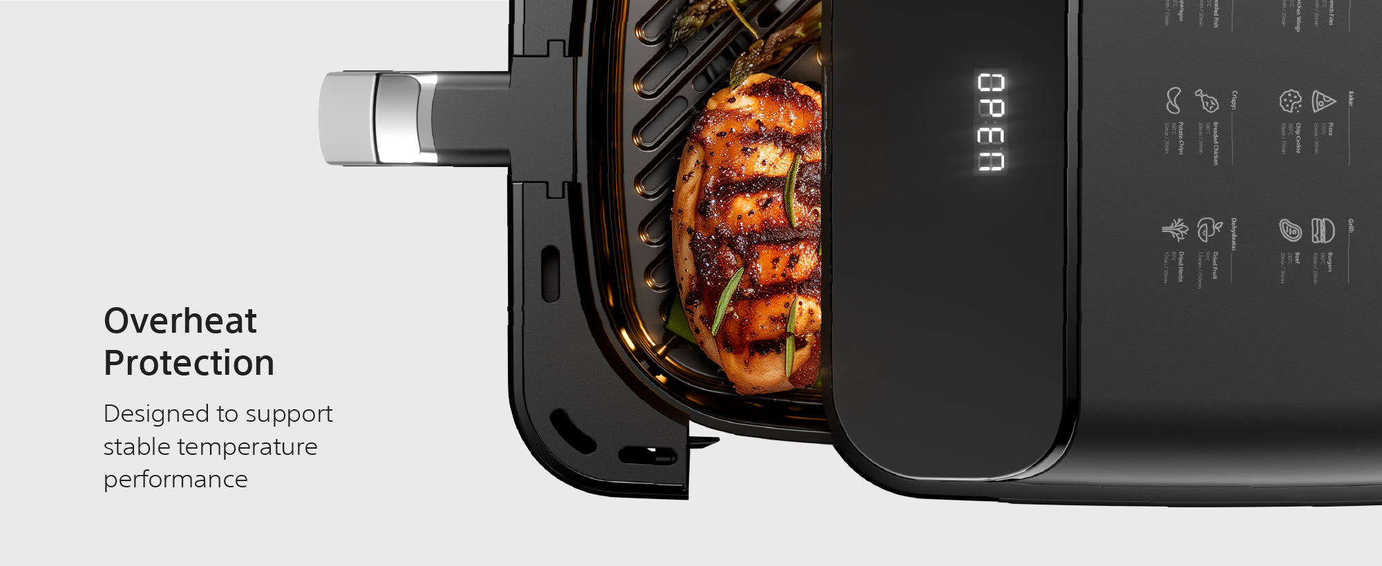 AFR550 features — overheat protection, stackable grill rack and full accessory set