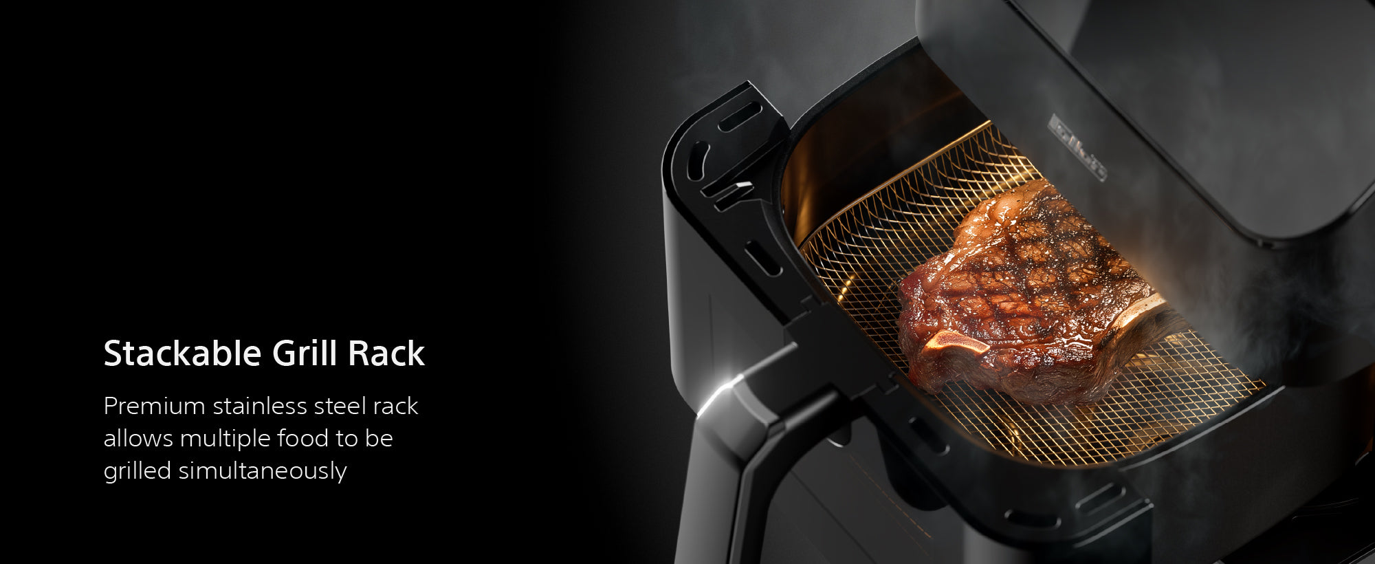 AFR550 features — overheat protection, stackable grill rack and full accessory set