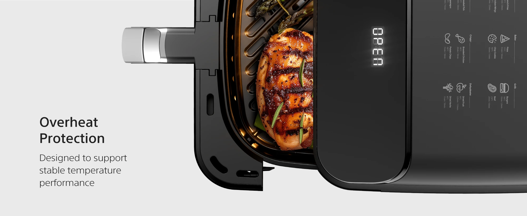 AFR700 overheat protection, stackable stainless-steel grill racks and full accessory set