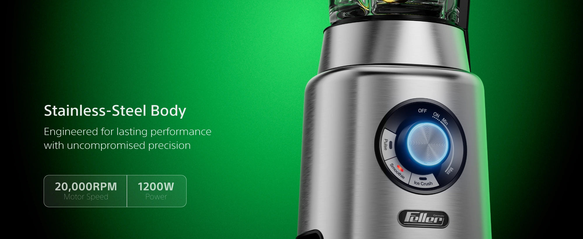 BLG1200 1200W stainless steel blender base with variable speed dial and presets