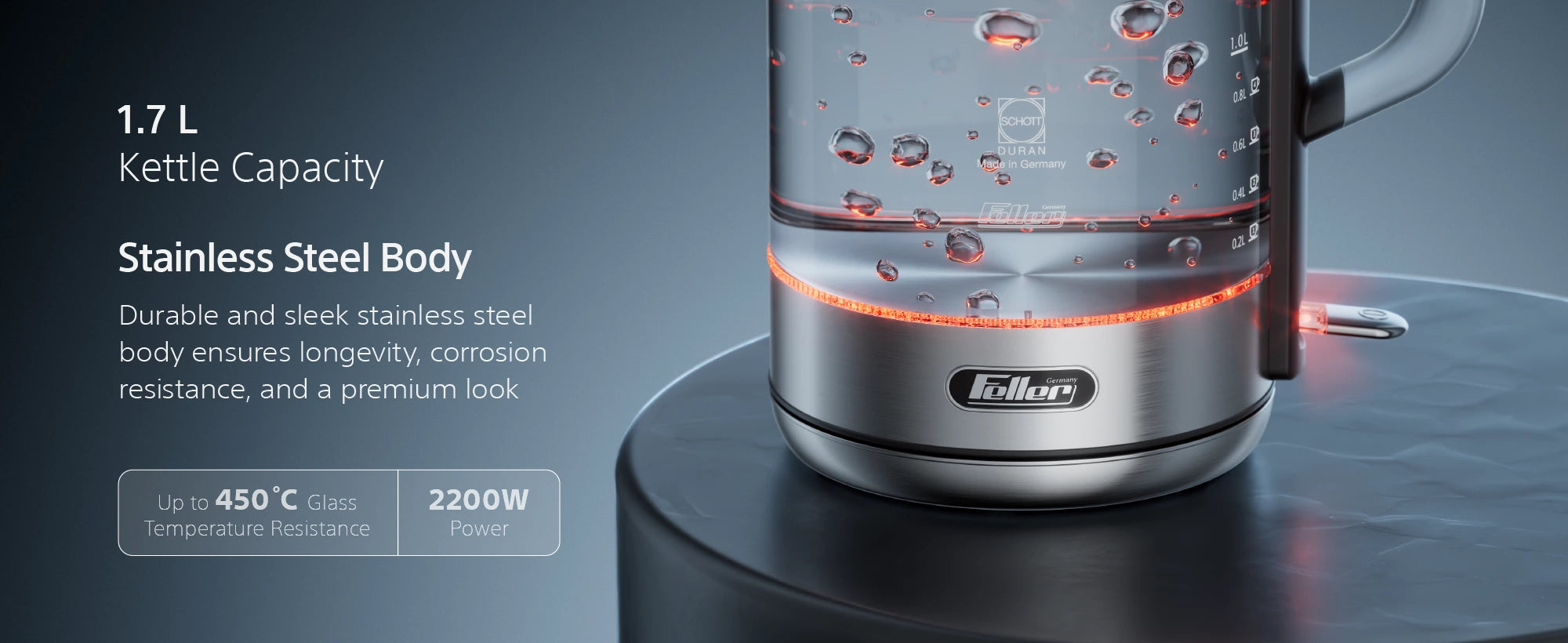 EK730 stainless-steel body, 1.7L capacity, glass rated to 450°C, 2200W power