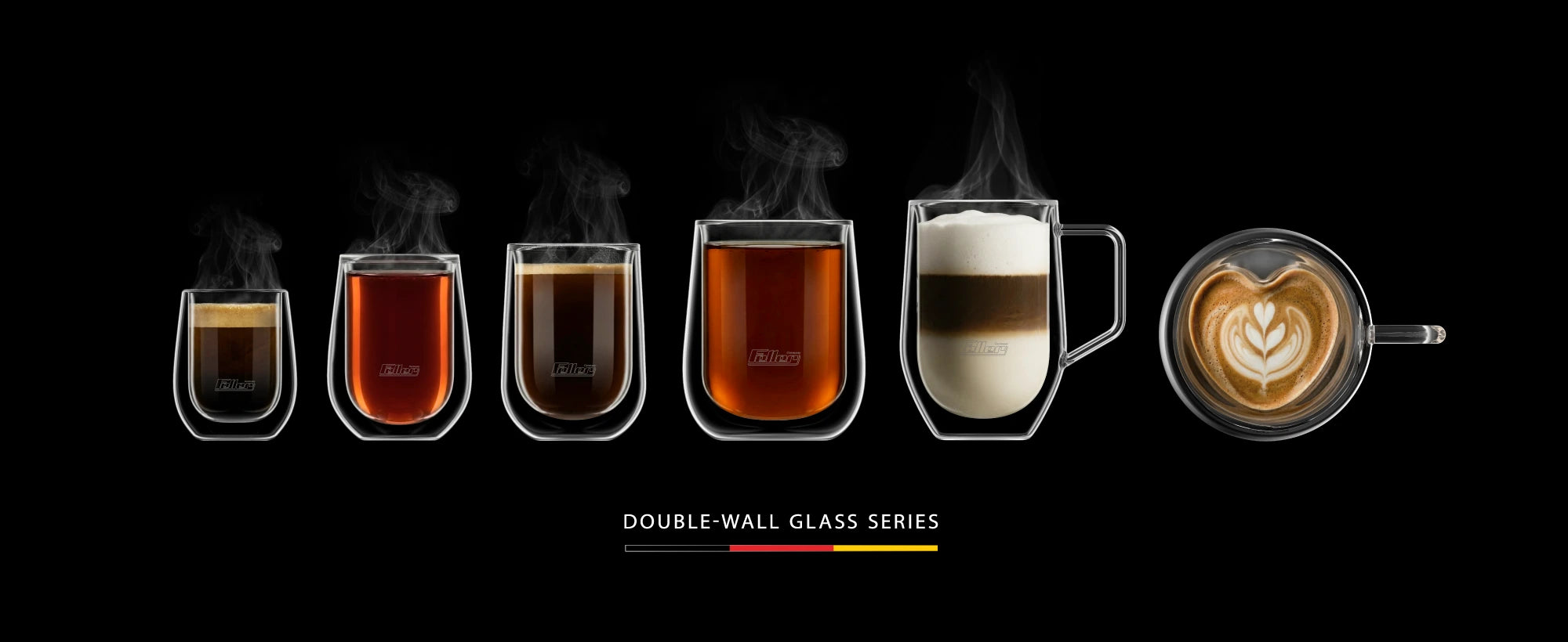 Feller Double-Wall Glass Series — six double-wall borosilicate glasses and mugs