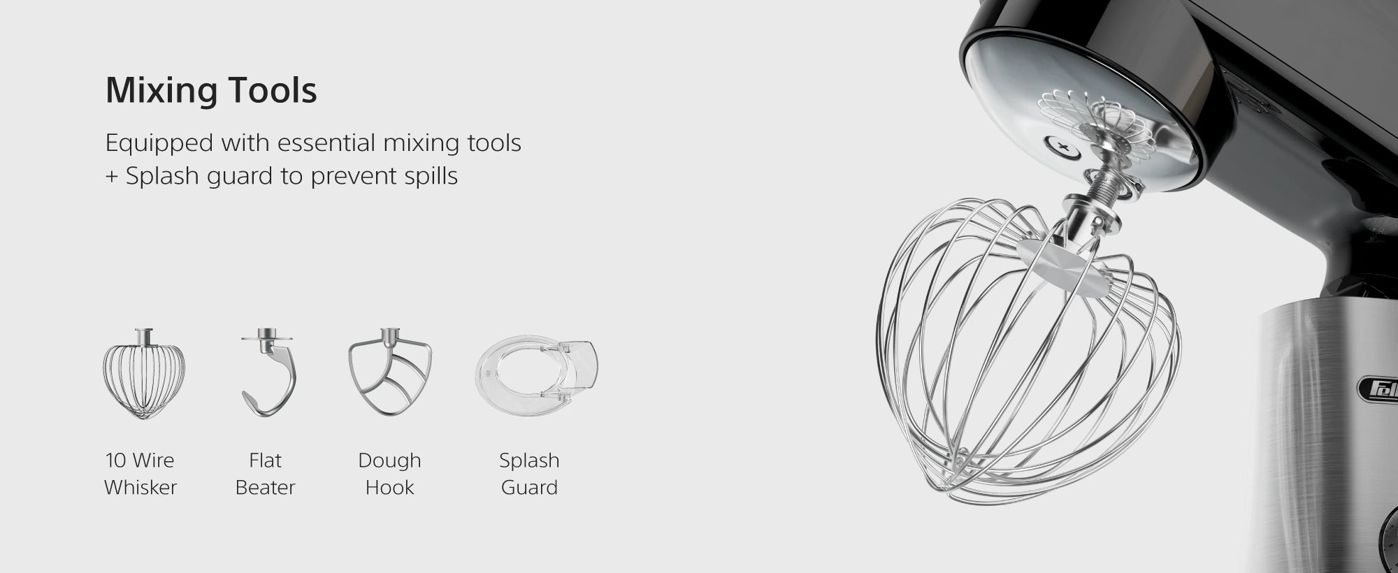KM1500 Pro accessories: mixing tools, grinder and salad maker
