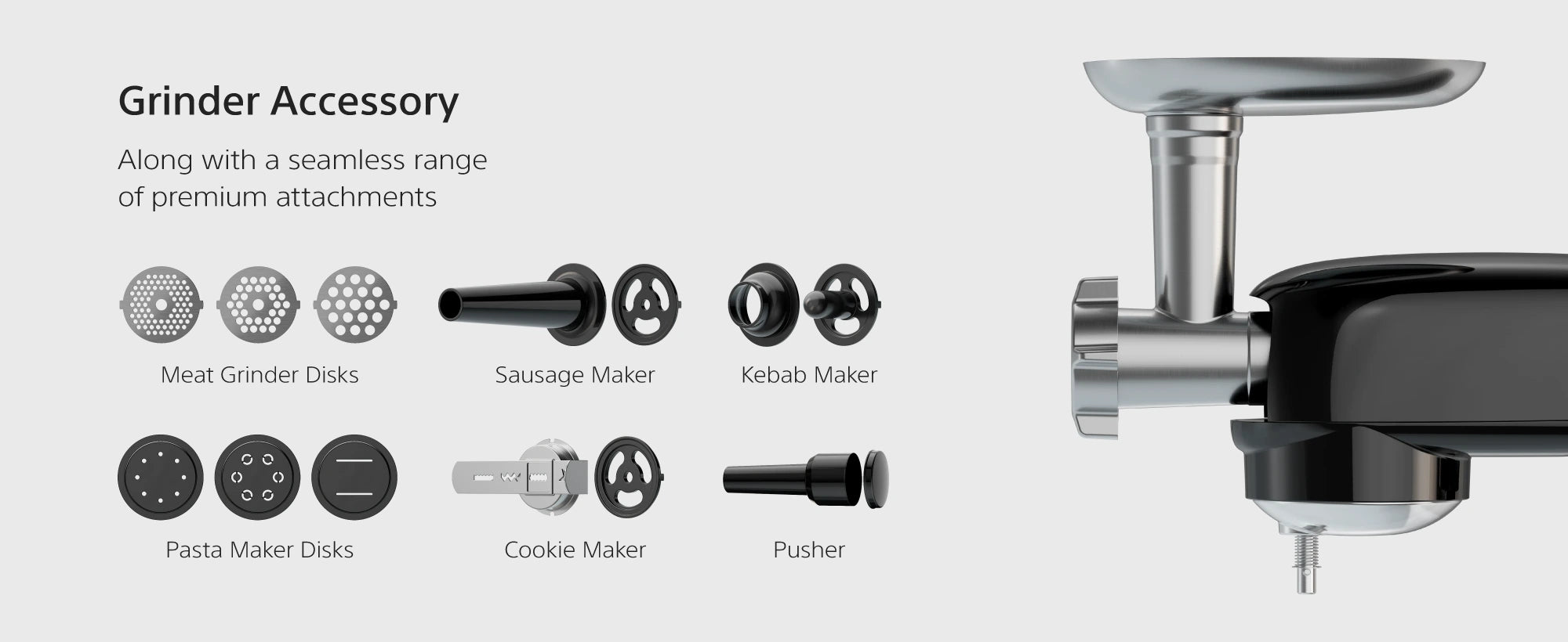 KM1500 Pro accessories: mixing tools, grinder and salad maker