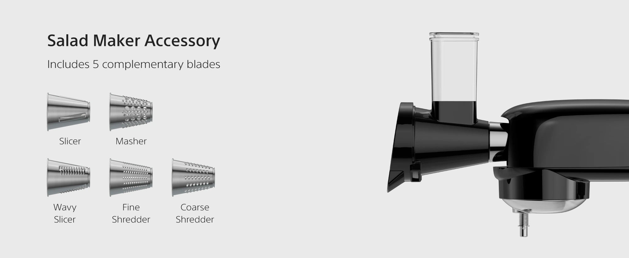 KM1500 Pro accessories: mixing tools, grinder and salad maker