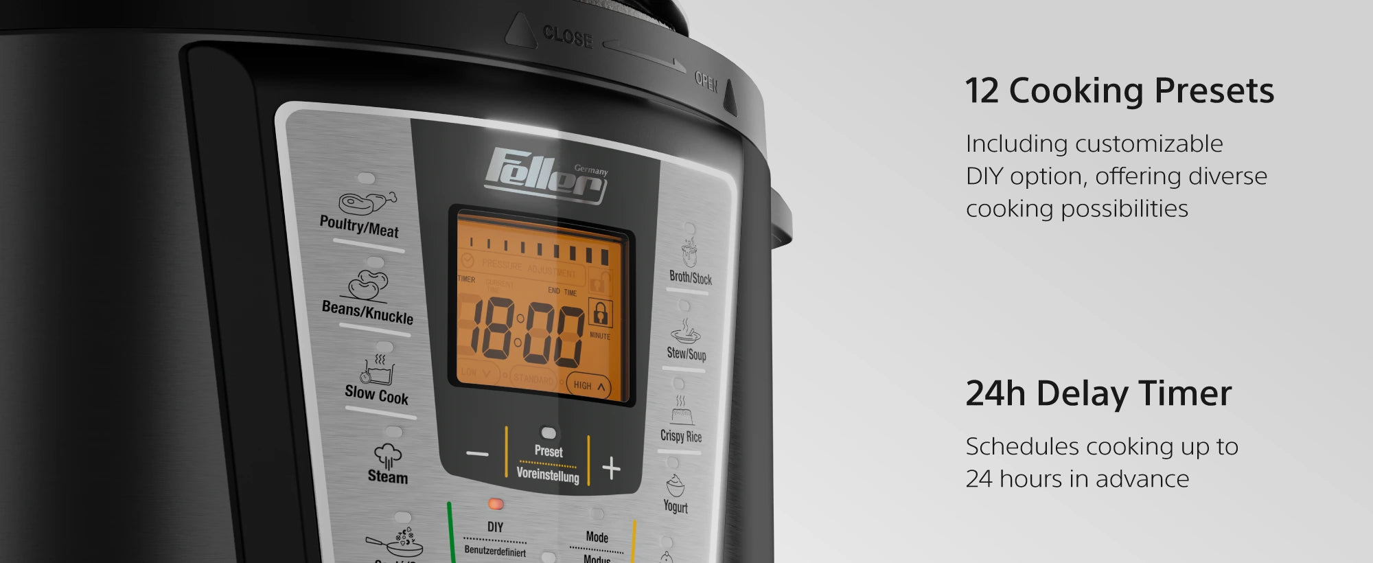 PC165 12 cooking presets including a customizable DIY option and a 24-hour delay timer