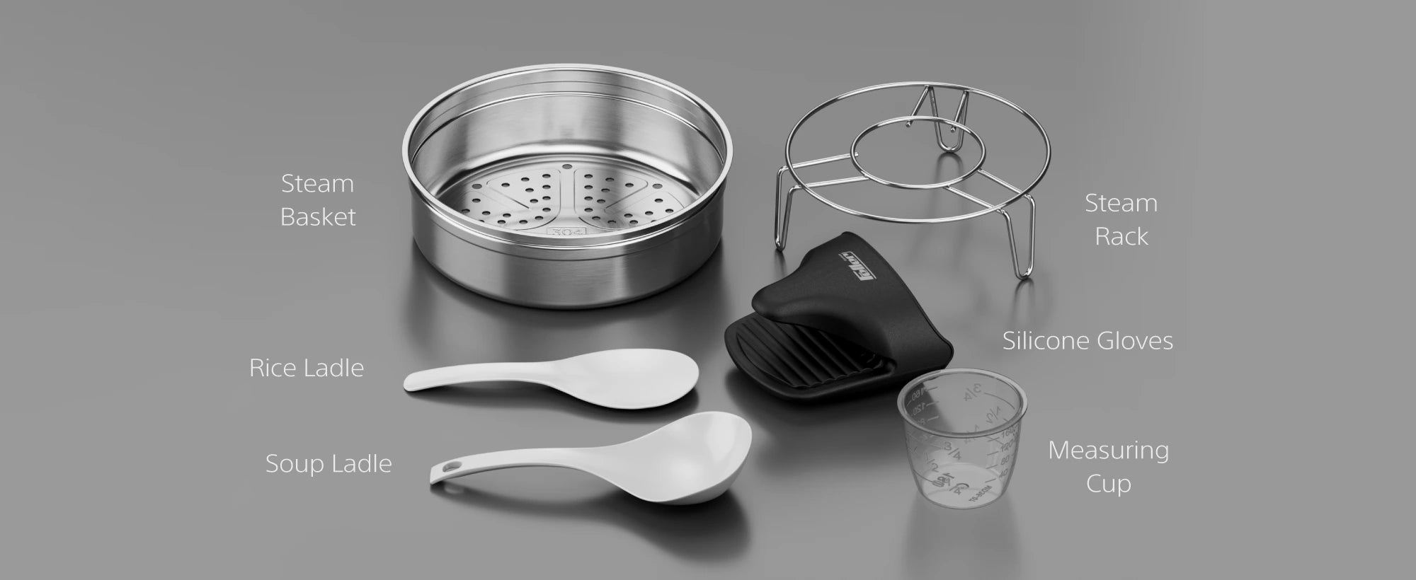 PC165 stainless-steel steam basket, accessories and dishwasher-safe BPA-free parts
