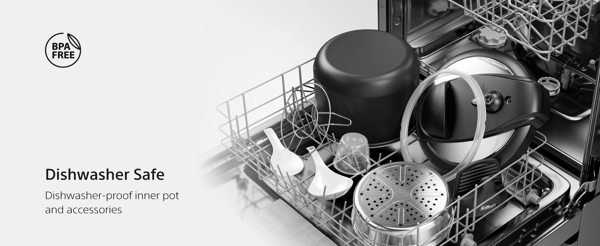 PC165 stainless-steel steam basket, accessories and dishwasher-safe BPA-free parts