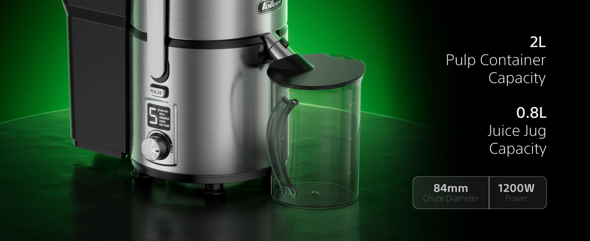 PJ1200 specs — 2L pulp container, 800ml juice jug, 84mm chute, 1200W, with LCD speed display and pulse