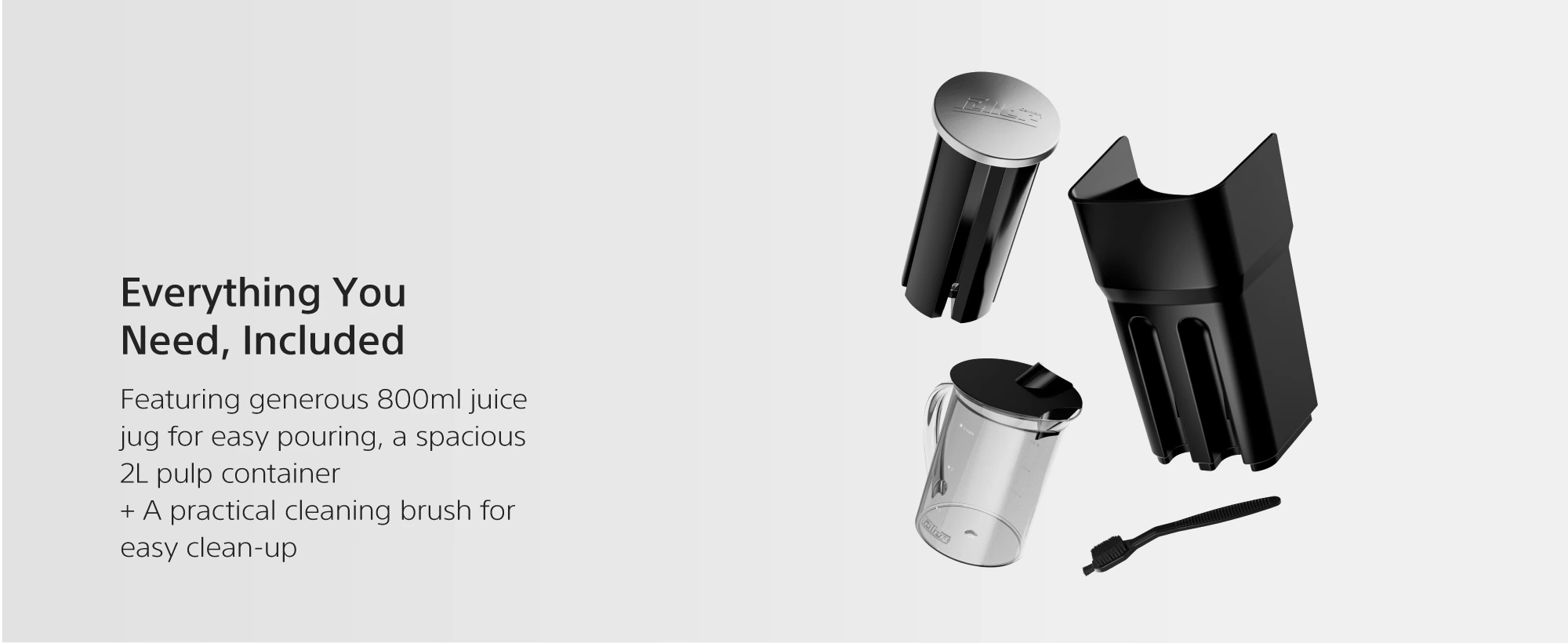 PJ1200 innovative anti-drip design, included 800ml jug, 2L pulp container and cleaning brush, dishwasher-safe BPA-free parts