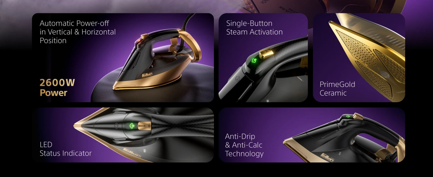 SI260 features — 2600W power, single-button steam, PrimeGold Ceramic soleplate, LED status, anti-drip & anti-calc, auto shut-off