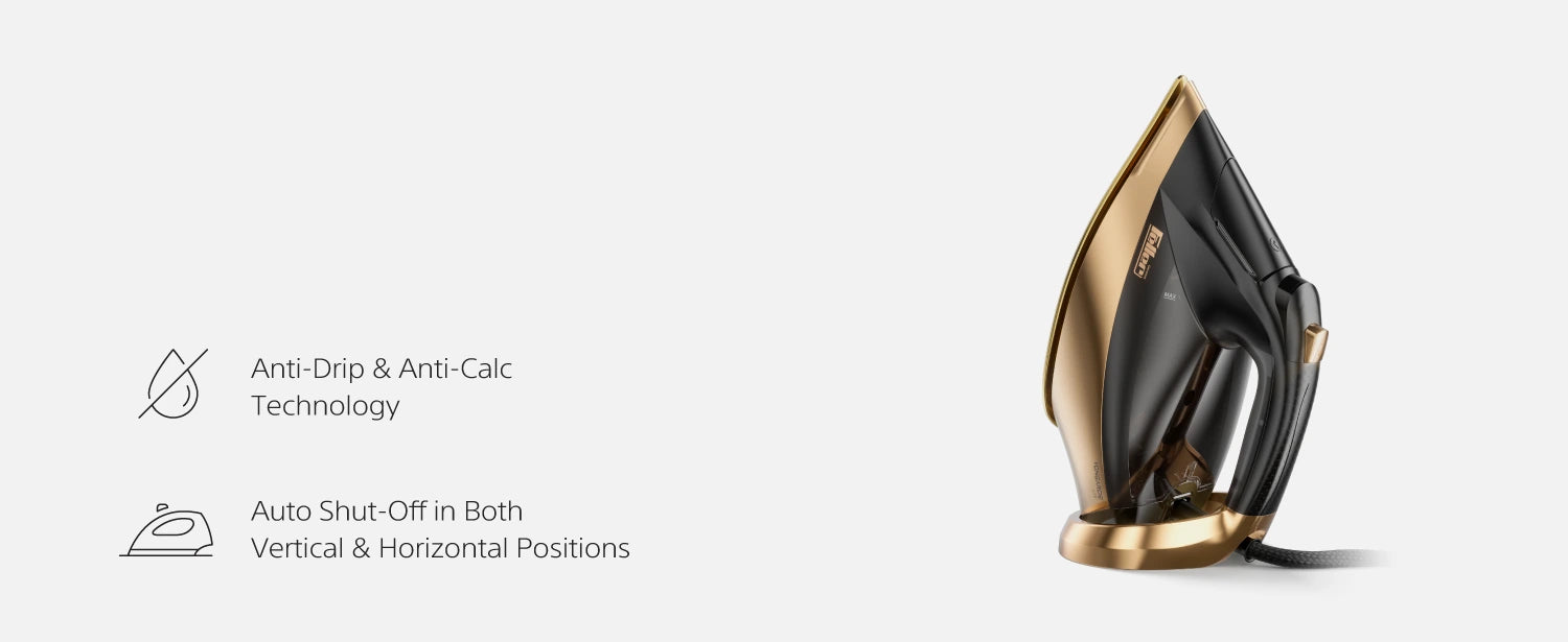 SI260 single-button steam activation, anti-drip & anti-calc, and auto shut-off in vertical and horizontal positions