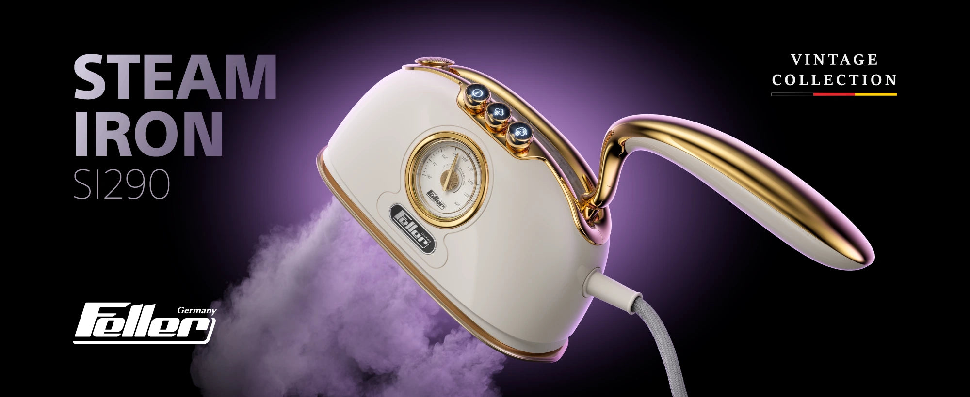 Feller SI290 Vintage Collection steam iron — cream-and-gold body, vintage thermometer, ceramic-coated soleplate