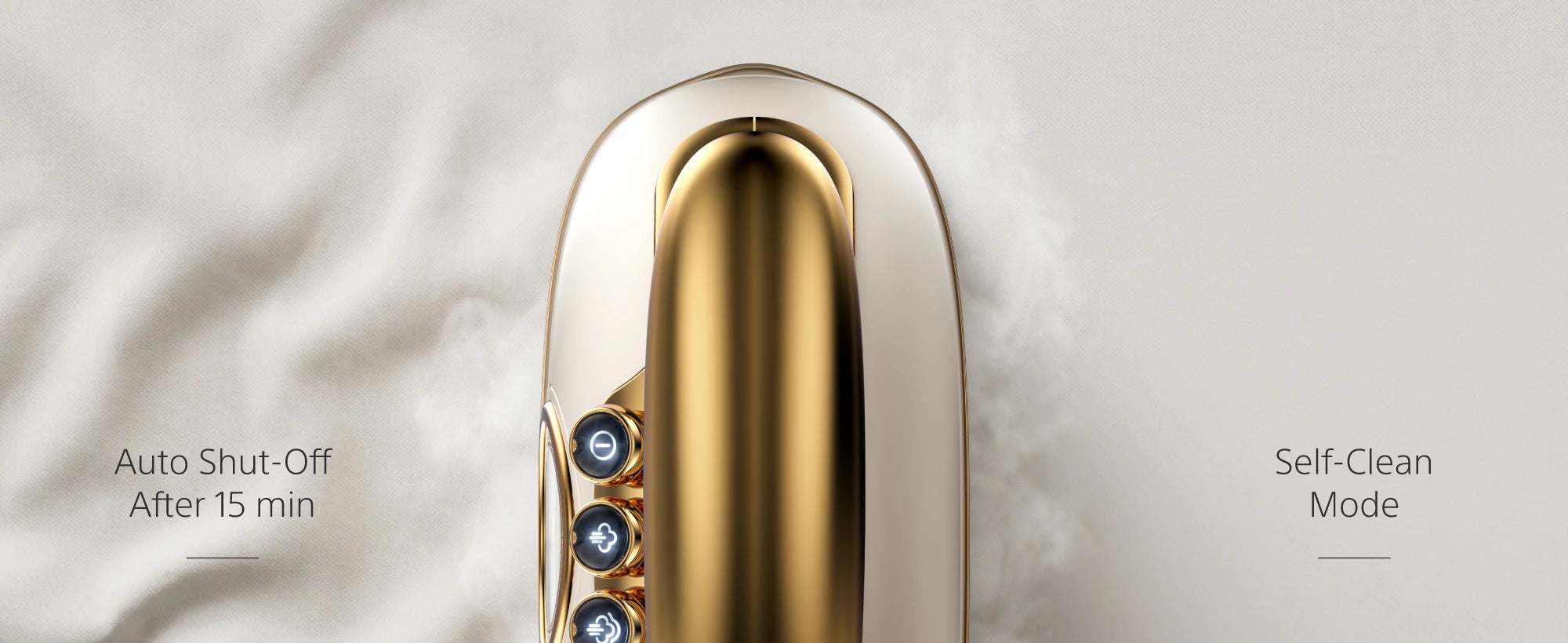 SI290 features — auto shut-off after 15 min, self-clean, vintage thermometer dial, ceramic-coated soleplate, rotatable handle for vertical and horizontal ironing