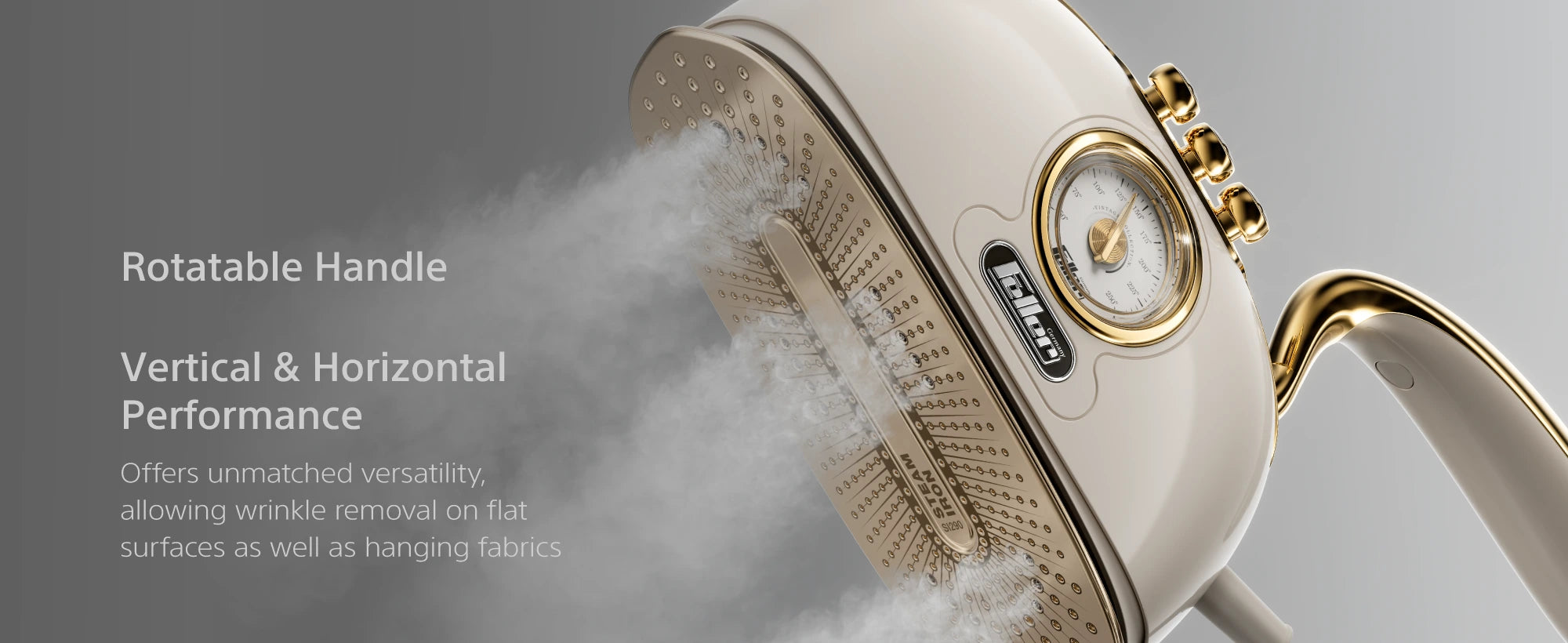 SI290 features — auto shut-off after 15 min, self-clean, vintage thermometer dial, ceramic-coated soleplate, rotatable handle for vertical and horizontal ironing