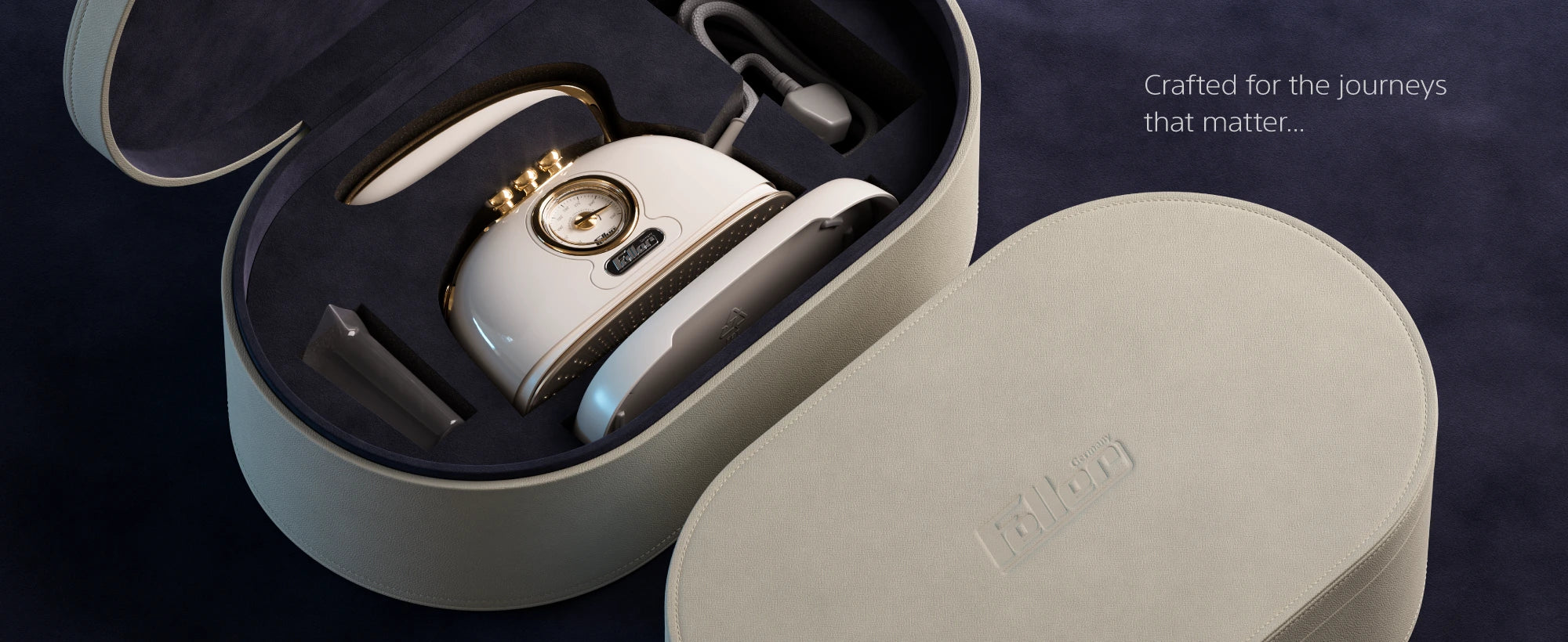 SI290 fitted travel case holding the iron, measuring cup and power cord — timeless elegance, seamless portability