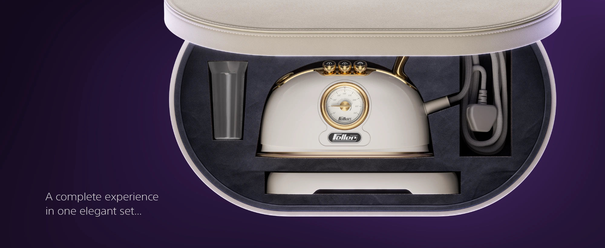 SI290 fitted travel case holding the iron, measuring cup and power cord — timeless elegance, seamless portability