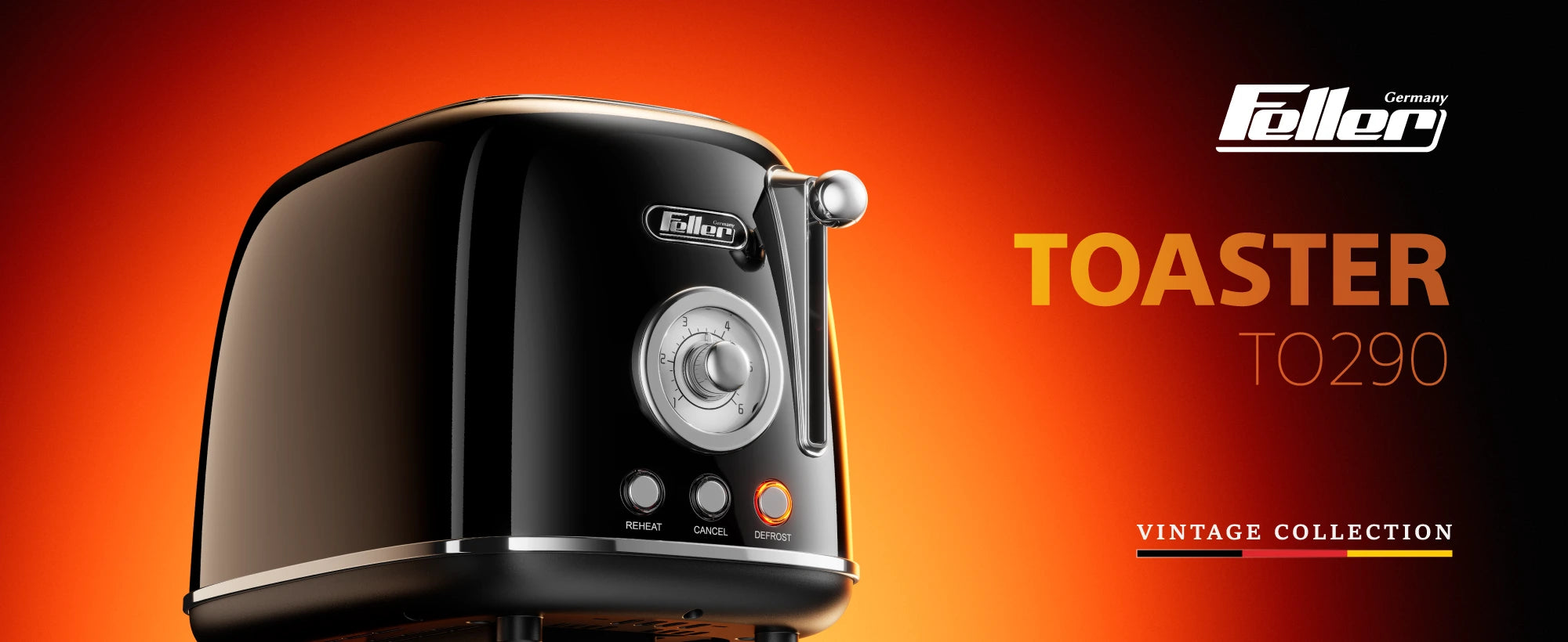 Feller TO290 retro 2-slice toaster — Vintage Collection, analog browning dial, reheat/cancel/defrost