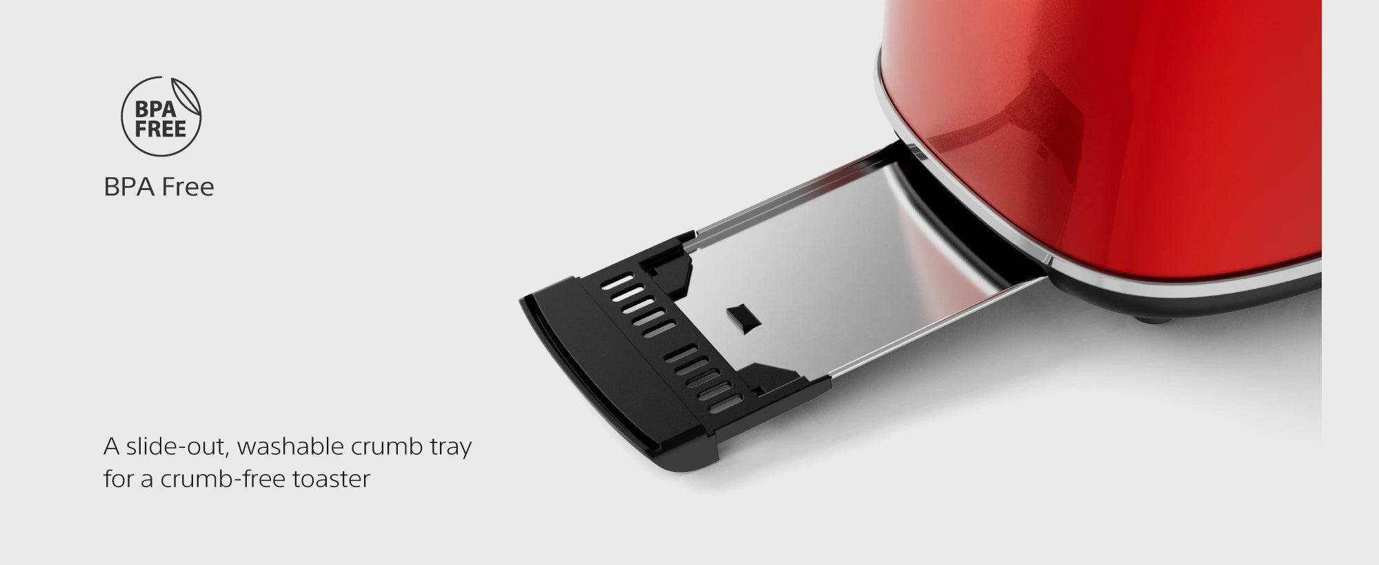 TO290 features — 6 browning levels, slide-out washable crumb tray, metal body, cord storage, wide self-centering slots