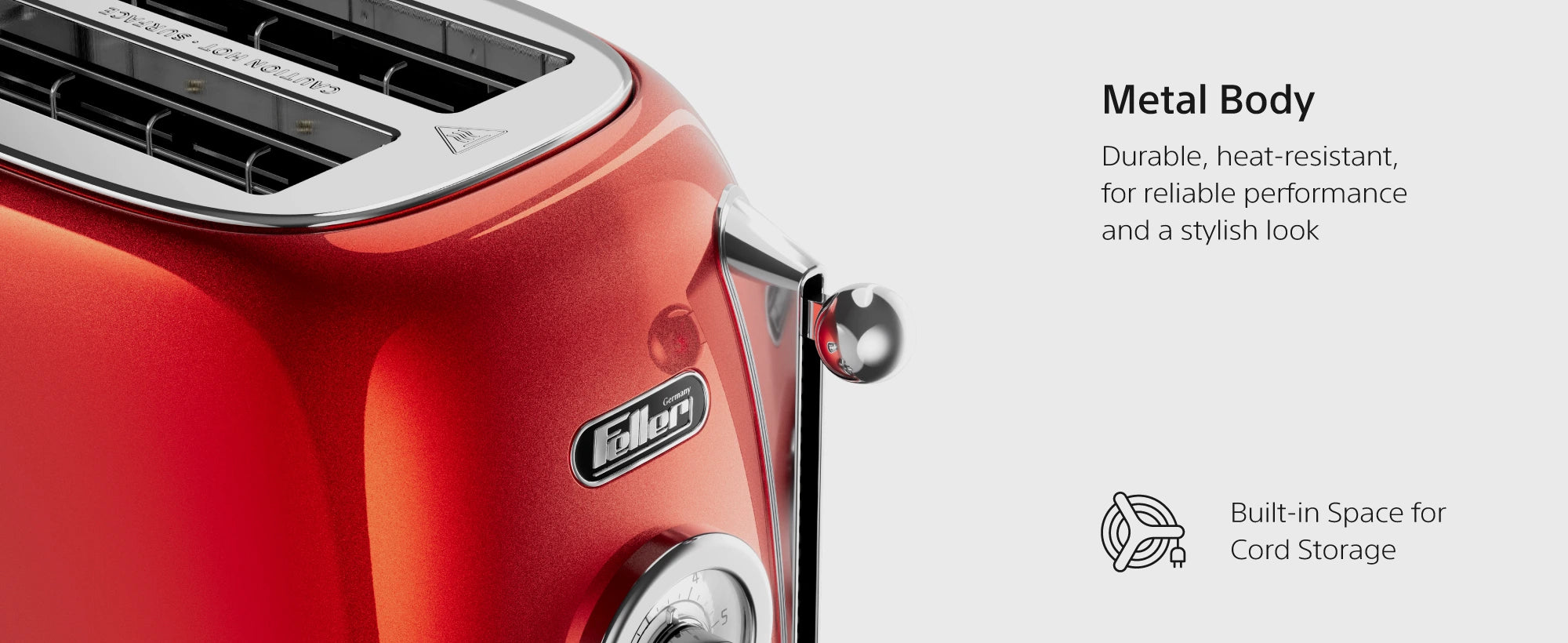 TO290 features — 6 browning levels, slide-out washable crumb tray, metal body, cord storage, wide self-centering slots