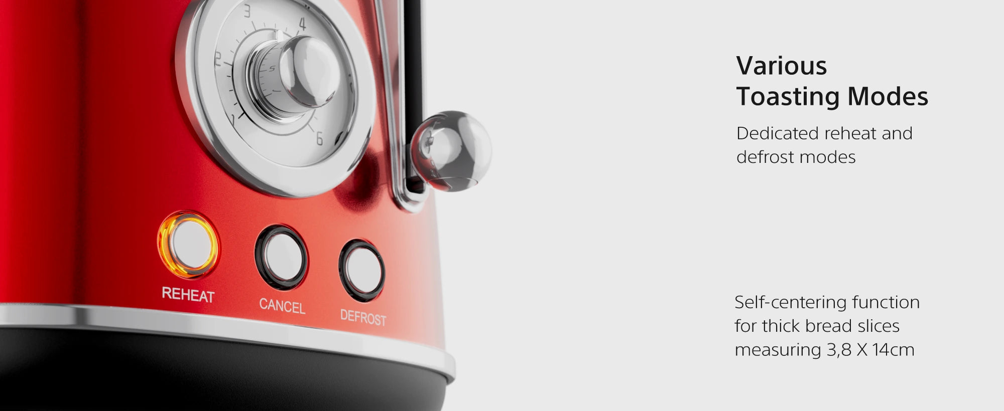 TO290 features — 6 browning levels, slide-out washable crumb tray, metal body, cord storage, wide self-centering slots