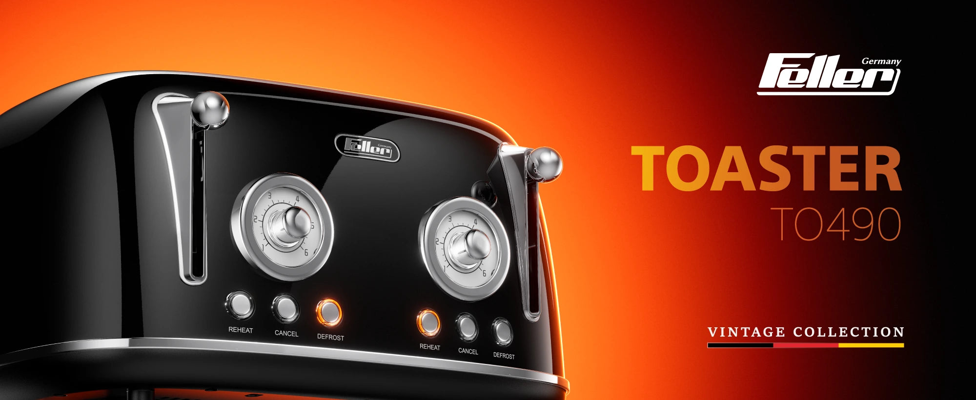 Feller TO490 retro 4-slice dual-zone toaster — Vintage Collection, twin browning dials, reheat/cancel/defrost