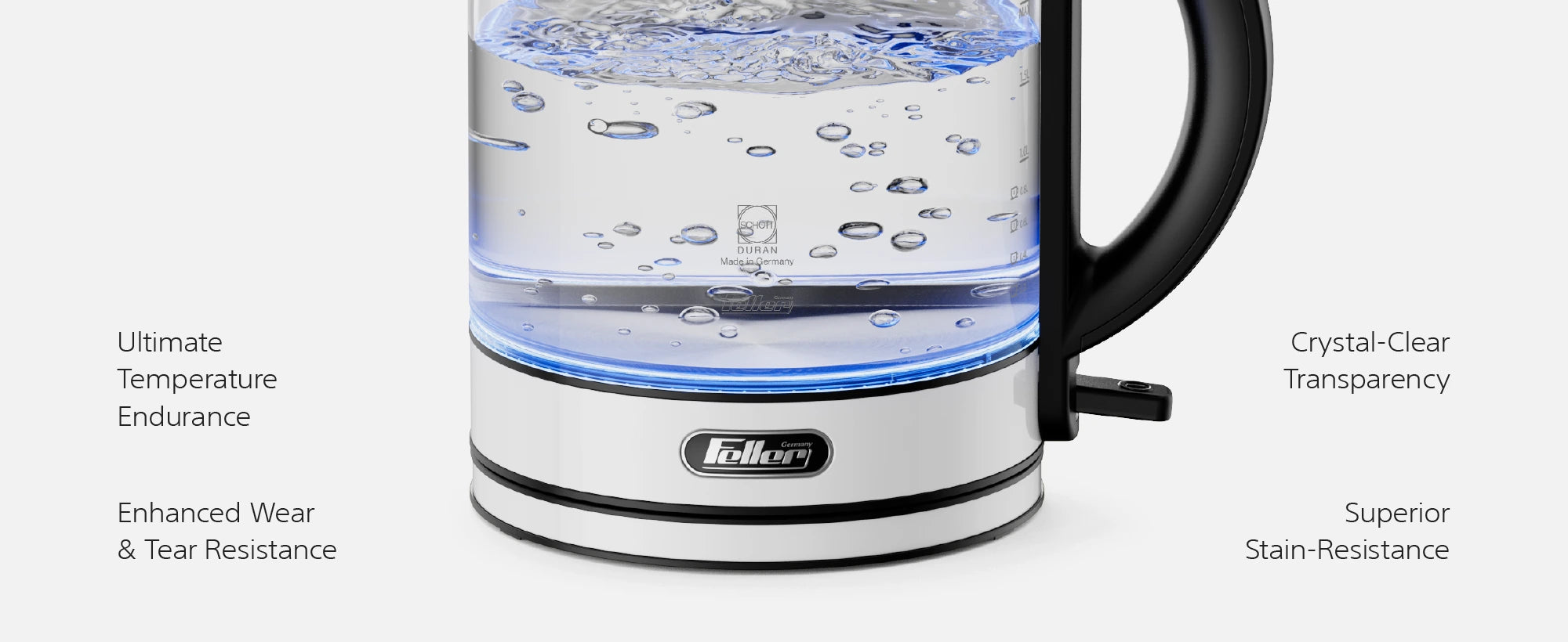 TS289 2-in-1 design: a SCHOTT glass electric kettle and a glass teapot with a stainless-steel tea filter and holder