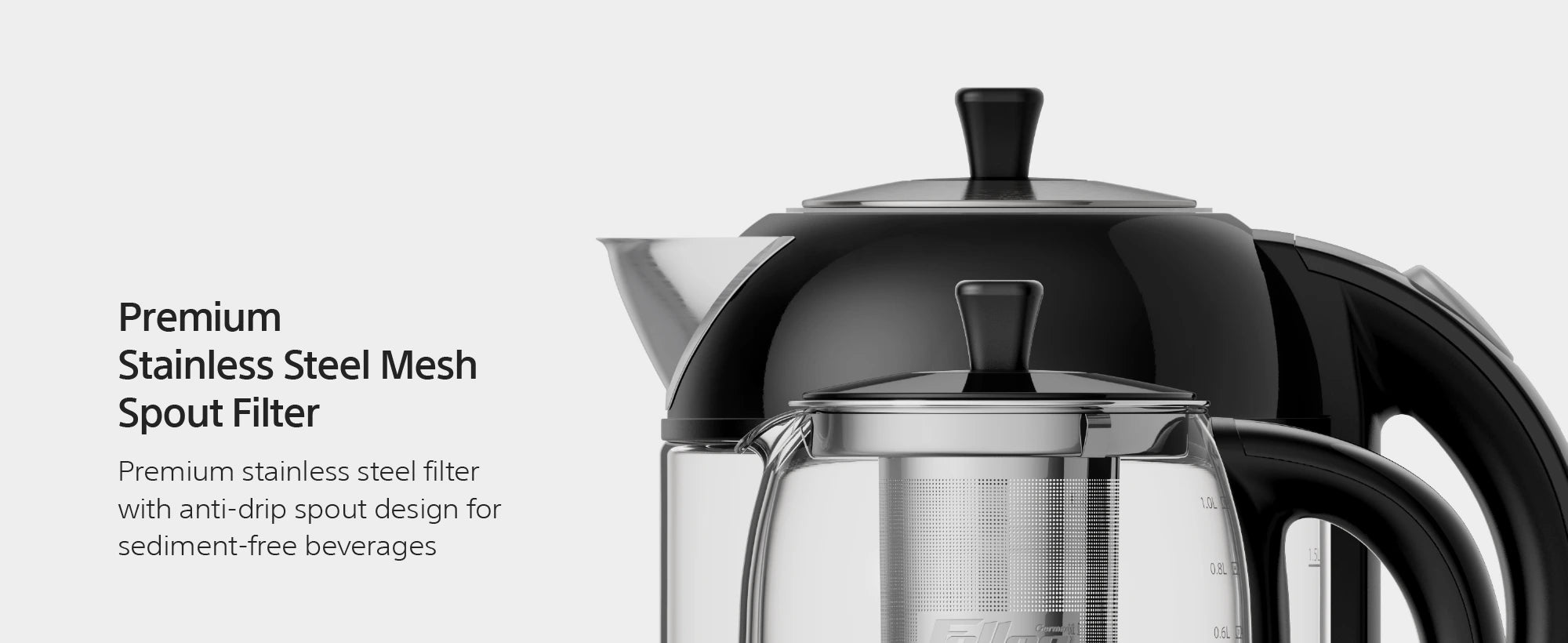 TS289: crystal-clear SCHOTT glass, stainless-steel mesh spout filter, glass teapot with stainless tea filter and holder, keep-warm light indicator