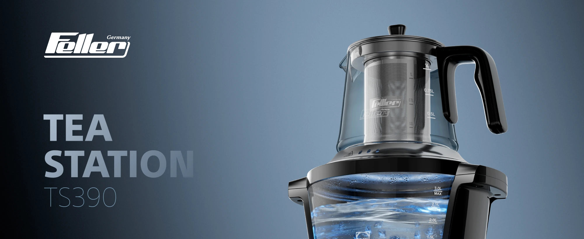 Feller TS390 samovar-style glass tea station with SCHOTT borosilicate boiler and glass teapot