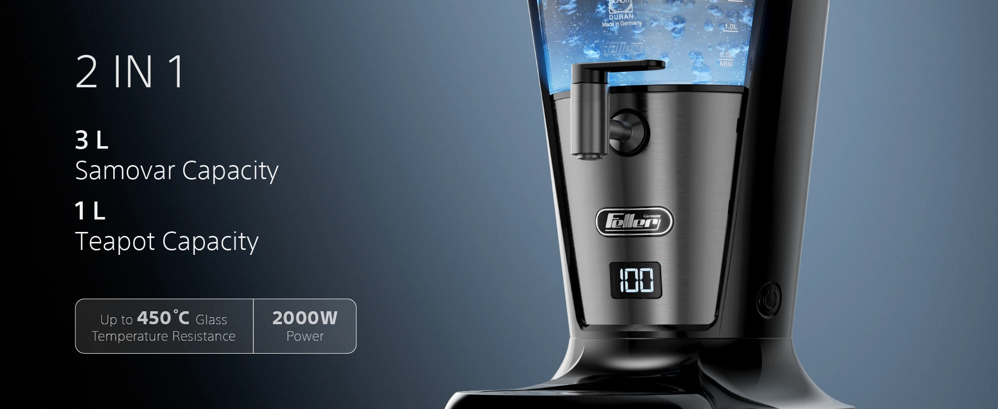 TS390 samovar: 3L boiler, 1L teapot, 2000W, SCHOTT glass rated to 450C, made in Germany