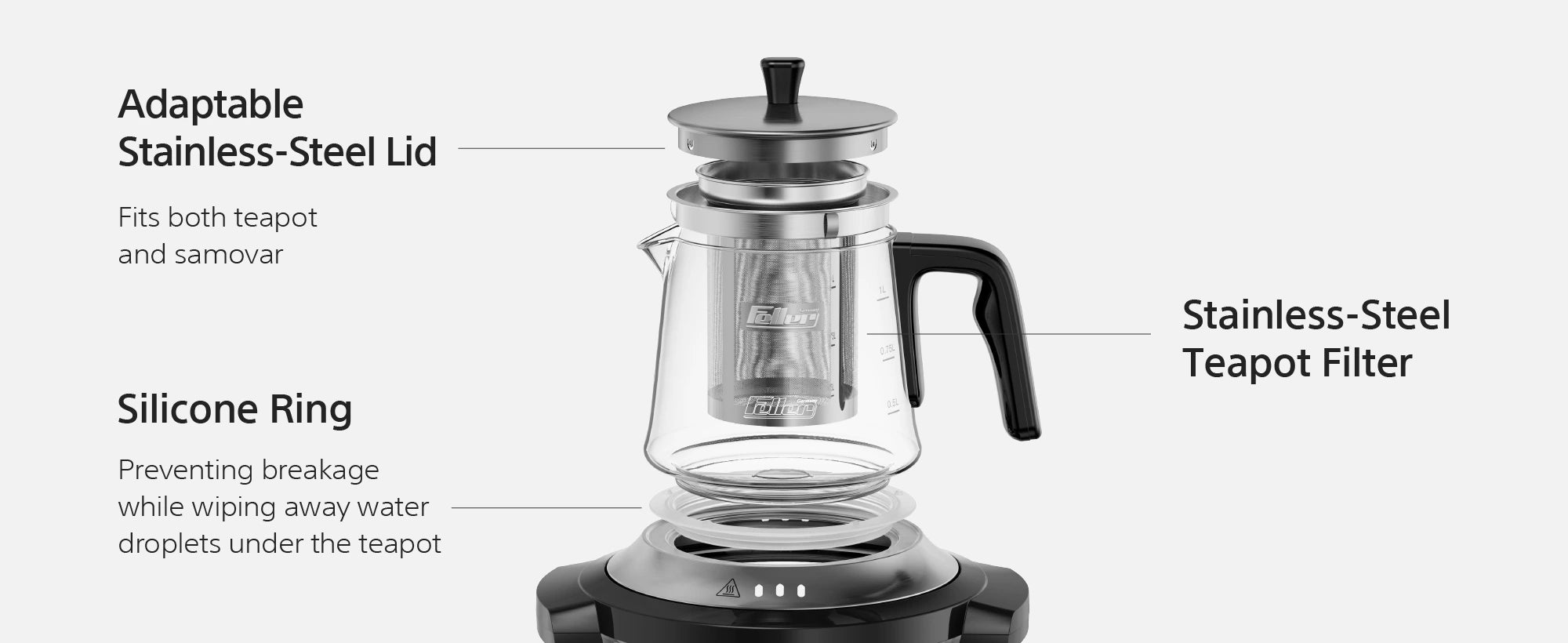 TS390 adaptable lid, stainless-steel teapot filter, silicone ring, drip tray and up to 50% faster boiling