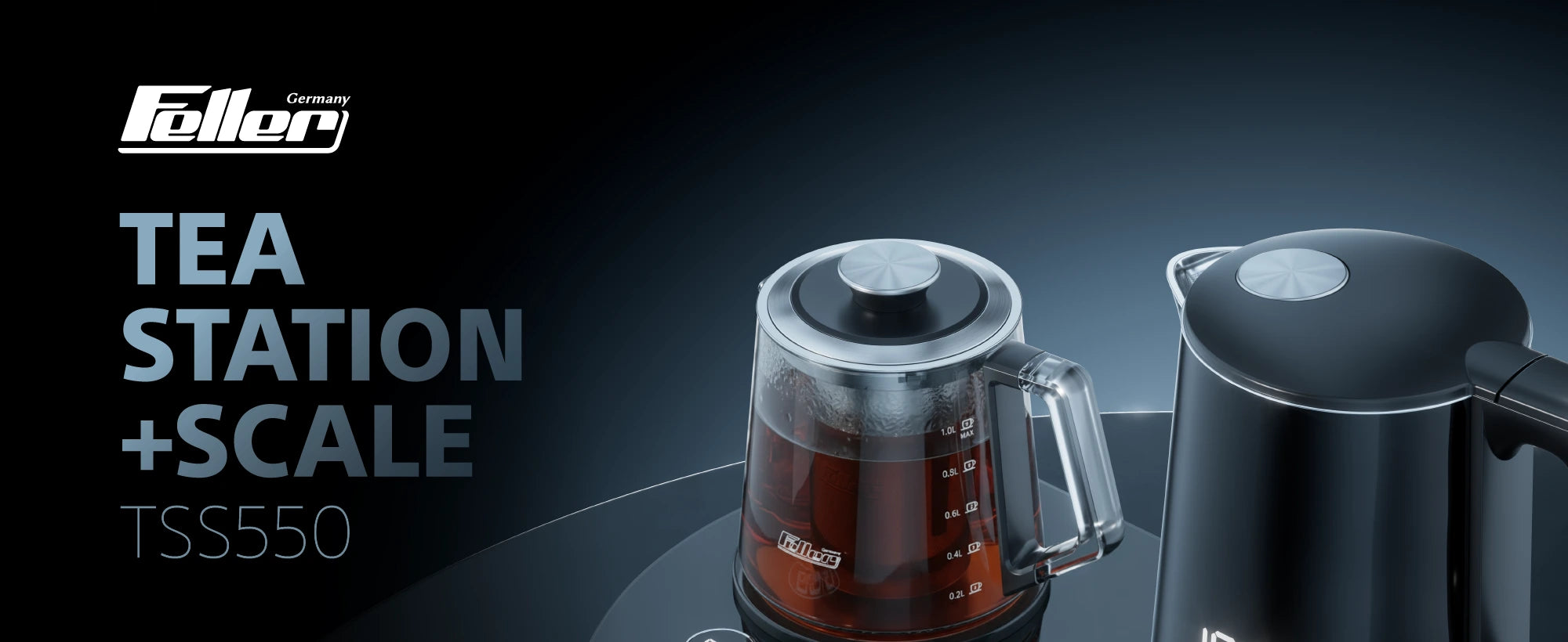 Feller TSS550 3-in-1 tea station with double-wall kettle, glass teapot and slide-out digital scale