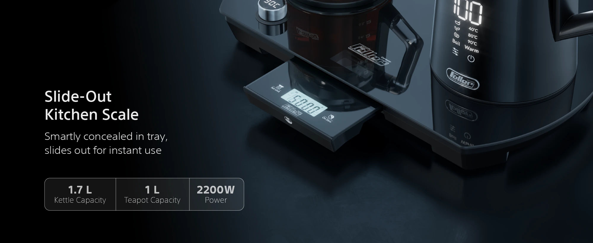 TSS550 slide-out kitchen scale concealed in a tray; 1.7L kettle, 1L teapot, 2200W