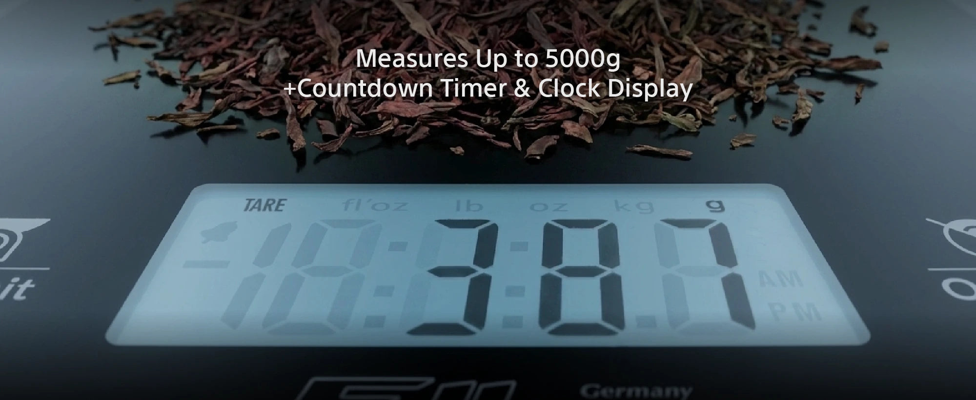 TSS550 digital scale measures up to 5000g with countdown timer and clock