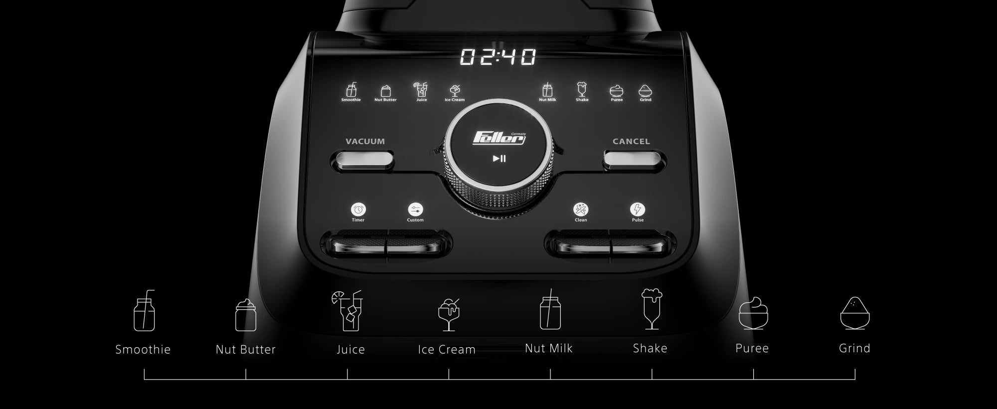 VBL1800 — 8 blending presets plus custom, clean and pulse modes and a 24-hour delay timer