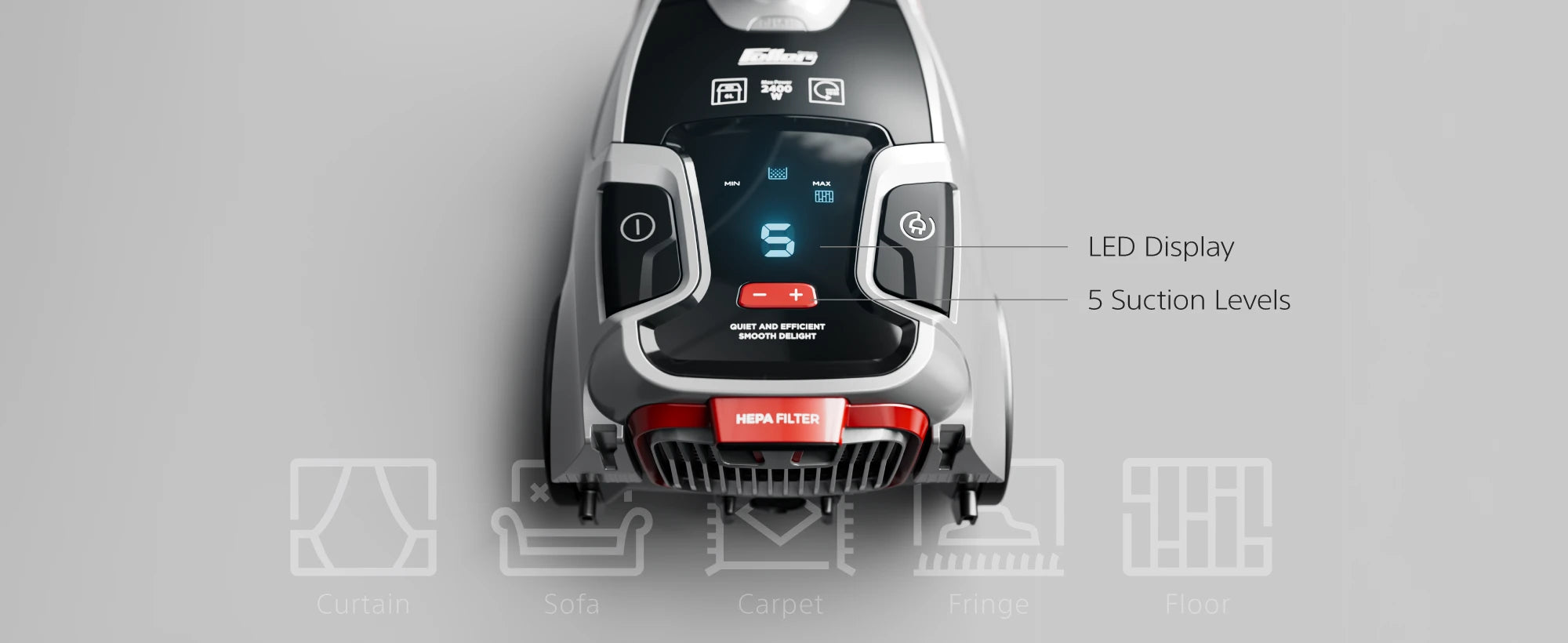 VC240 LED display with 5 suction levels and instant power adjustment, 3 handle docking slots and 10m operating radius