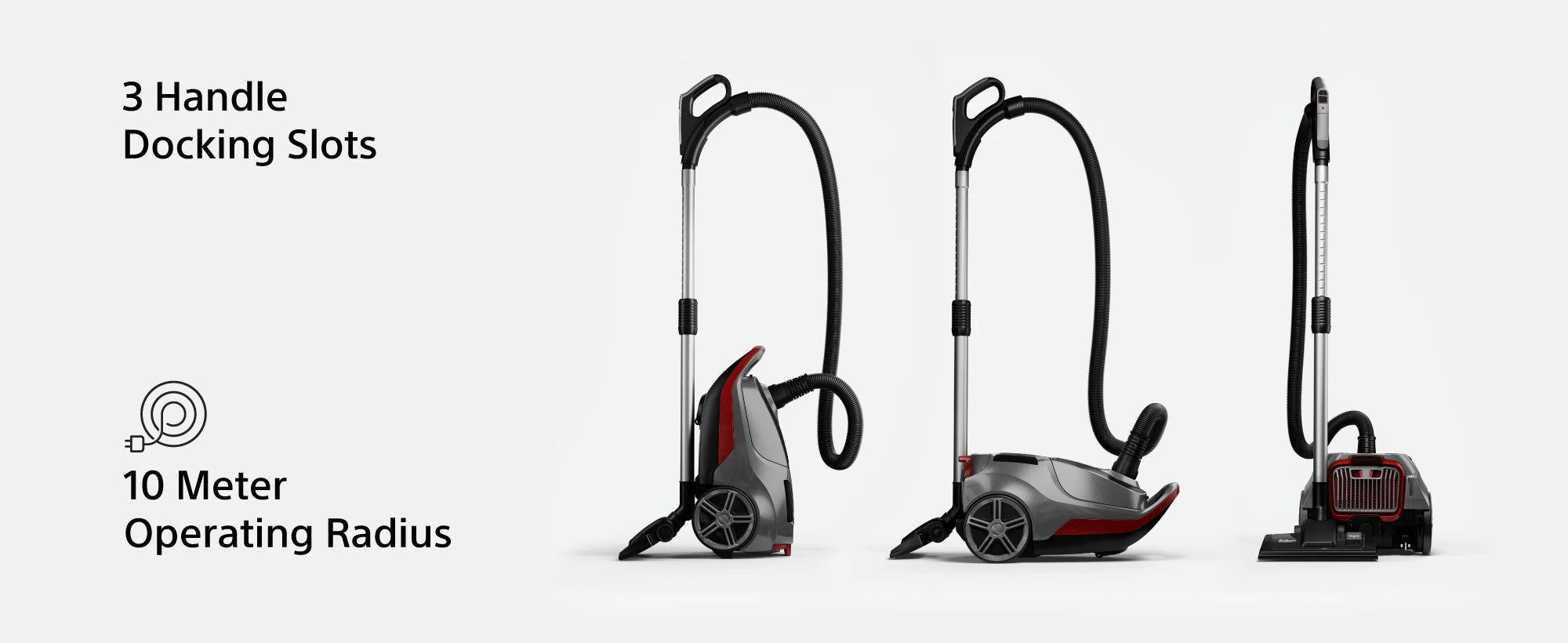 VC240 LED display with 5 suction levels and instant power adjustment, 3 handle docking slots and 10m operating radius