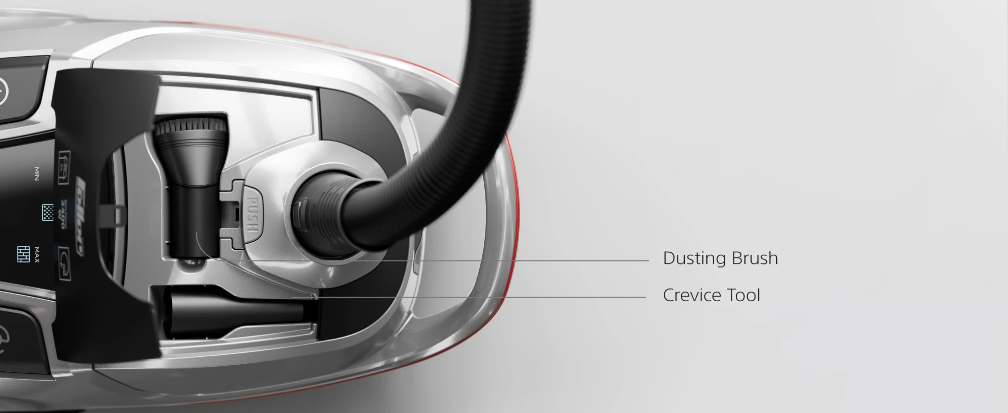 VC240 Turbo Brush with rotating bristles for carpets and fabrics, ultra-silent operation, on-board crevice tool and dusting brush storage